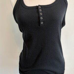 Classic Black Ribbed Tank with Eyelet Henley Placket
